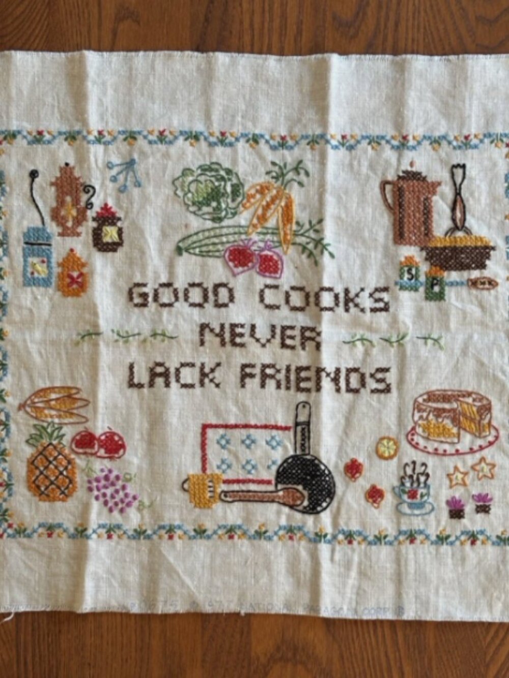 Vintage Embroidered Cross Stitch “Good Cooks Never Lack Friends”